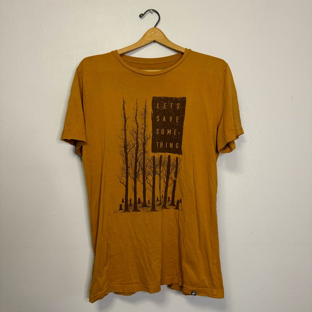 Arbor Graphic Tee Shirt “Let’s Save Something” Trees Tan Burnt Orange Color
